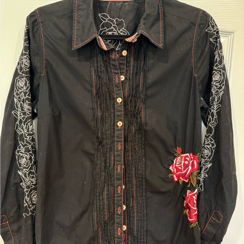 3J Workshop Republic Clothing Black Button-Down Shirt with Red Rose Embroidery